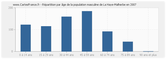 Répartition par âge de la population masculine de La Haye-Malherbe en 2007